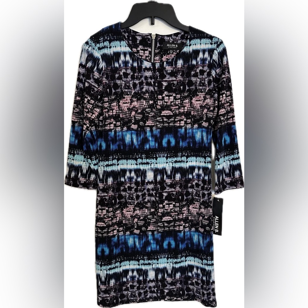 NWT Allen Schwartz Dress Size M Blue-Black Abstract Pattern Print Long Sleeve